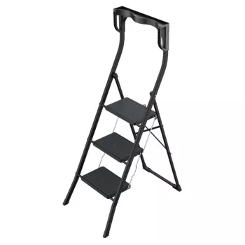 HAILO K77 ComfortLine sgabello pieghevole, 3 gradini, alluminio, barra di sicurezza, nero, 150 kg