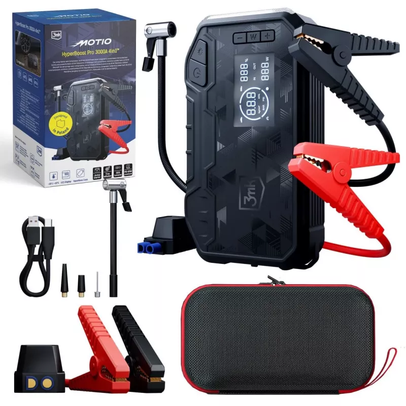 3MK Motio HyperBoost Pro 3000A 4-in-1 avviatore con cavi Smart-Start, luce LED, powerbank e compressore aria