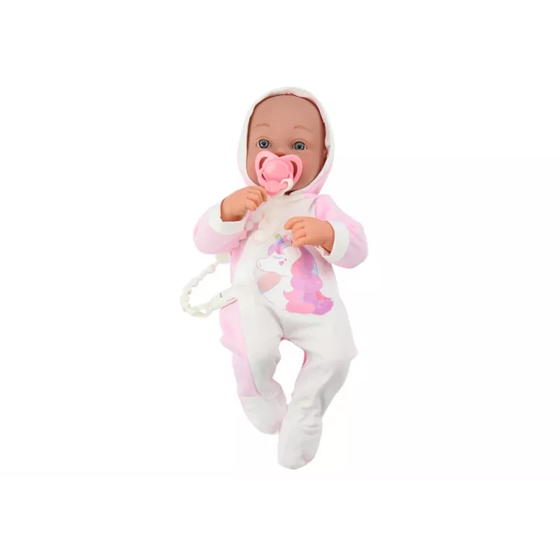 LEAN TOYS bambola con ciuccio, tutina unicorno, coperta rosa e accessori, 35 cm