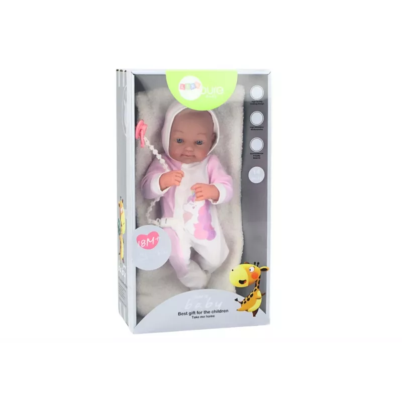 LEAN TOYS bambola con ciuccio, tutina unicorno, coperta rosa e accessori, 35 cm