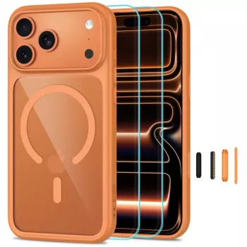 TECH-PROTECT MAGONE cover MagSafe con confezione da 2 protezioni display in vetro temperato per iPhone 17 Pro / 18 Pro – Cosmic Orange/trasparente