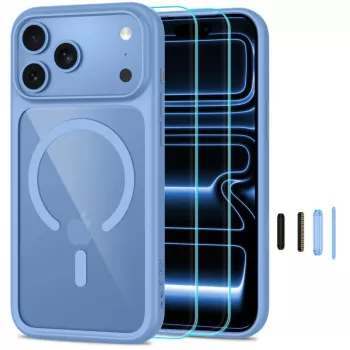TECH-PROTECT MAGONE cover MagSafe trasparente con confezione da 2 vetri protezione display per iPhone 17 Pro Max / 18 Pro Max – azzurro