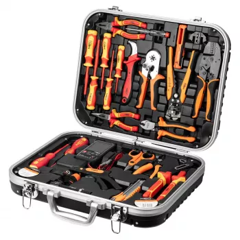 NEO TOOLS Set valigetta utensili elettricista 25 pezzi, utensili manuali isolati VDE con cercafase, pinza spellafili, pinze, cacciaviti e accessori in valigetta in plastica robusta