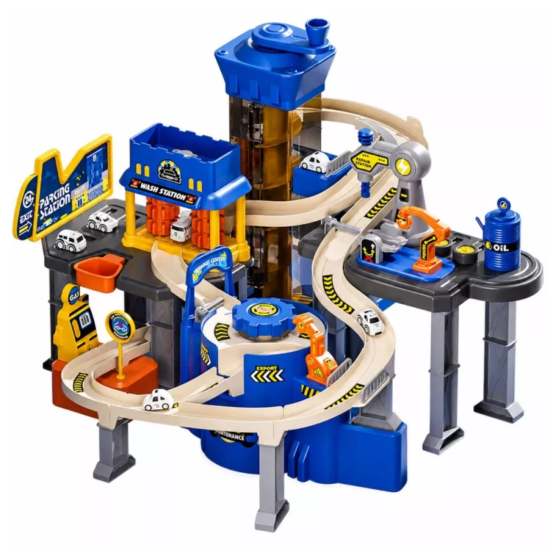 LEAN TOYS Set di gioco interattivo: parcheggio multipiano, officina e autolavaggio con 8 auto blu