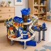 LEAN TOYS Set di gioco interattivo: parcheggio multipiano, officina e autolavaggio con 8 auto blu