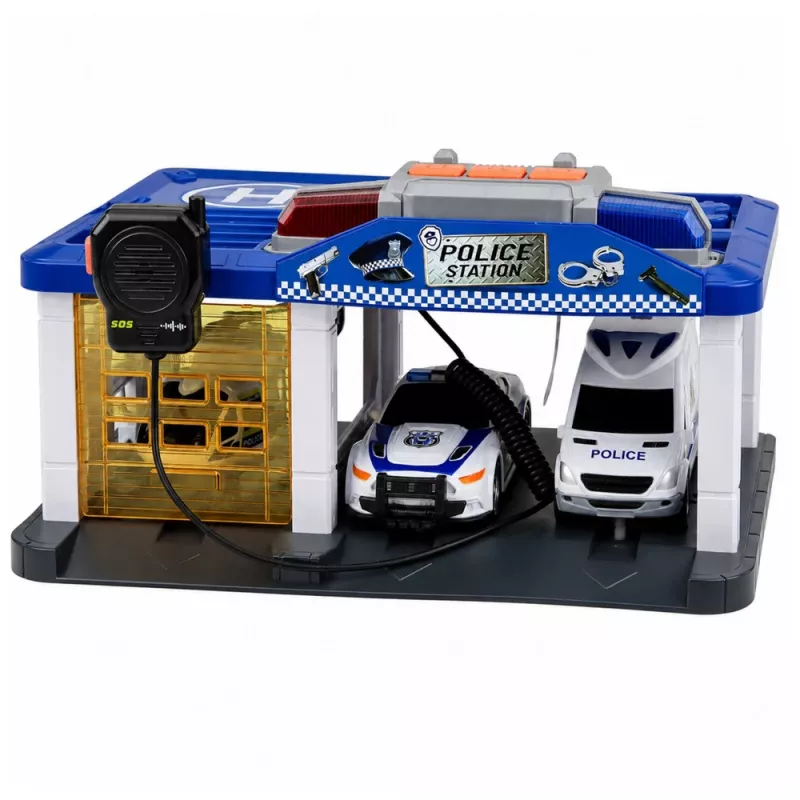 LEAN TOYS Garage stazione di polizia con 2 auto, elicottero, walkie-talkie, luce e suono | 31588