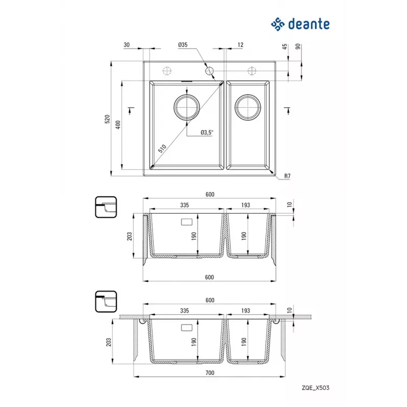 DEANTE ZQE A503 Lavello cucina in granito composito 1,5 vasche con gocciolatoio, grafite