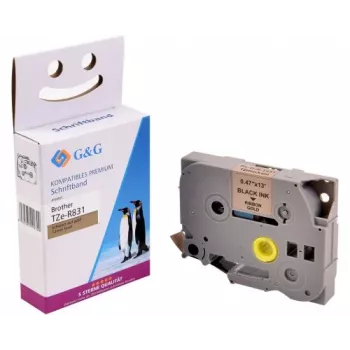 G&G nastro per etichettatrice in raso compatibile con Brother TZe-R831, oro su nero, 12mm x 4m