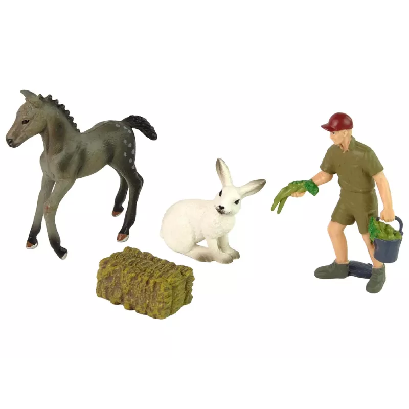 LEAN TOYS set di figure animali cavallo coniglio grigio contadino
