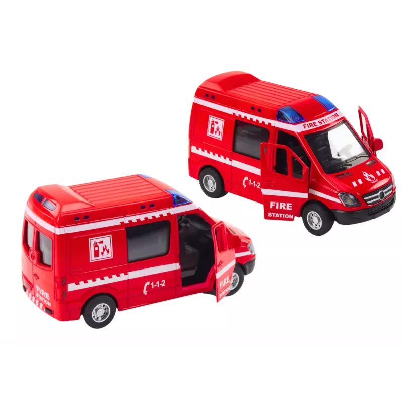 LEAN TOYS camion dei pompieri 1:32 con portiere apribili, luce e suono, a spinta, rosso