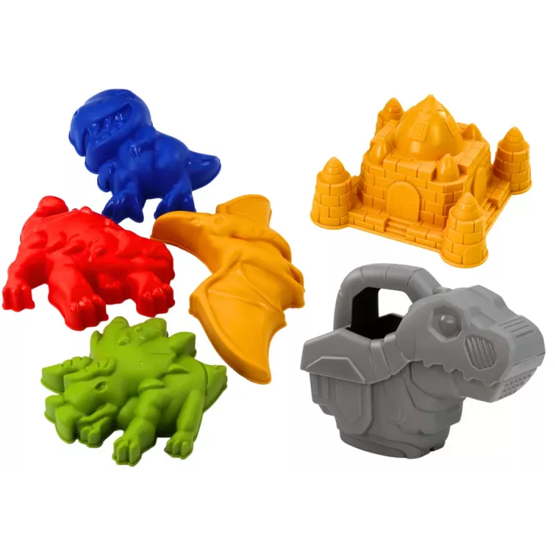 LEAN TOYS set secchiello per sabbia con doccia, paletta, rastrello, formine, dinosauro