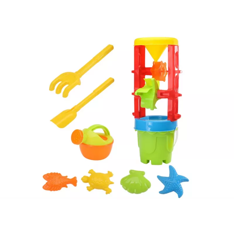 LEAN TOYS 18546 set giochi da sabbia con grande mulino per sabbia, secchiello e formine colorate – set da spiaggia e sabbiera da 7 pezzi per bambini da 12 mesi