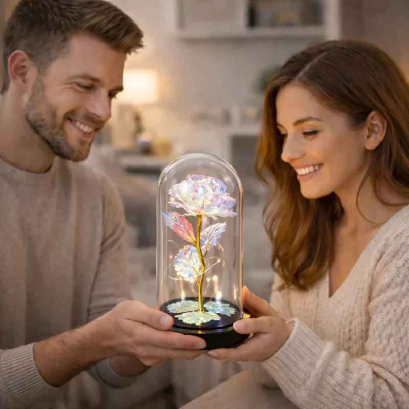 LEAN Rosa eterna in campana di vetro cristallo, illuminazione LED multicolore, 21x11cm