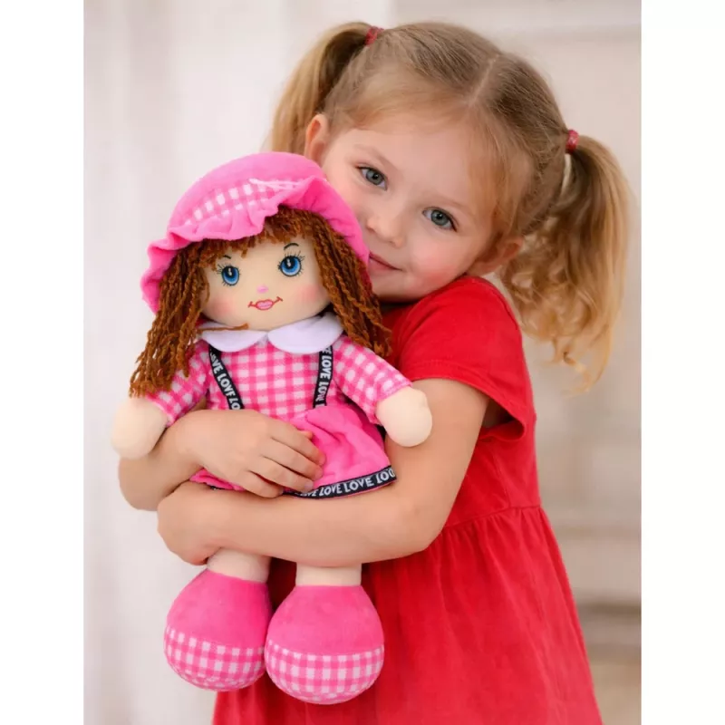 LEAN TOYS Bambola in stoffa peluche vestito a quadri rosa 35 cm