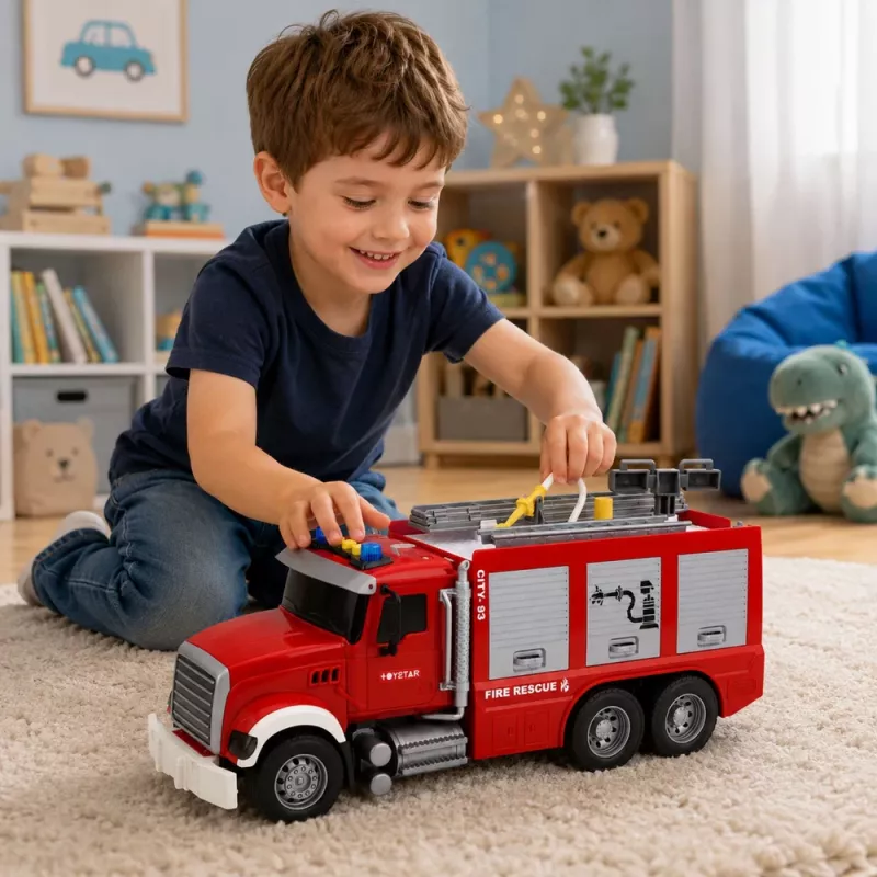 LEAN TOYS Camion dei pompieri con scala estraibile, idrante, luci e suoni
