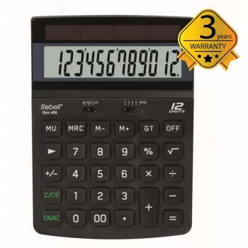 REBELL RE-ECO 450 BX calcolatrice da tavolo, LCD 12 cifre, Dual Power, plastica riciclata, nero