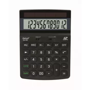 REBELL RE-ECO 450 BX calcolatrice da tavolo, LCD 12 cifre, Dual Power, plastica riciclata, nero