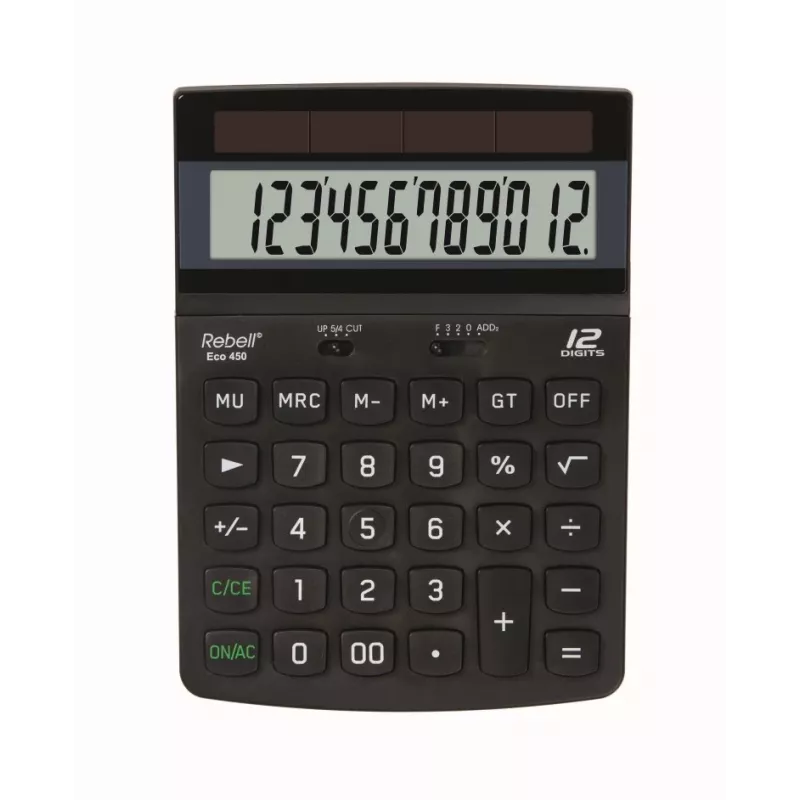 REBELL RE-ECO 450 BX calcolatrice da tavolo, LCD 12 cifre, Dual Power, plastica riciclata, nero