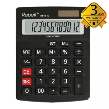 REBELL RE-8118-12 BX calcolatrice tascabile semi-desktop, LCD inclinato 12 cifre, Dual Power solare e batteria, nero