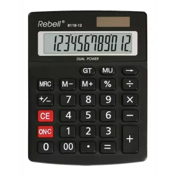REBELL RE-8118-12 BX calcolatrice tascabile semi-desktop, LCD inclinato 12 cifre, Dual Power solare e batteria, nero