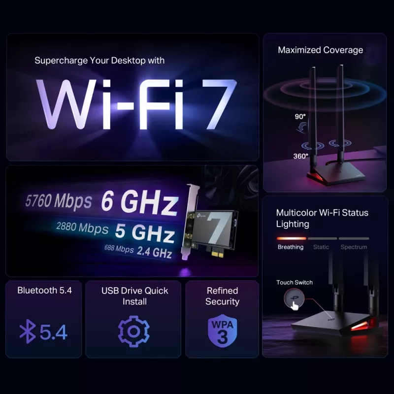 TP-Link Archer TBE550E WiFi 7 Bluetooth 5.4 Adattatore BE9300 Triband, PCI Express, 2 antenne esterne