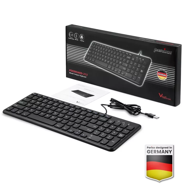 Perixx PERIBOARD-213 DE B Tastiera USB con filo, layout tedesco (QWERTZ), switch a forbice, nero