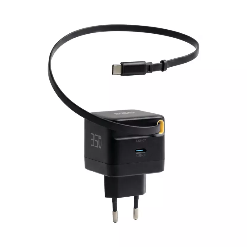 EFB Elektronik G352CE caricabatterie da parete GaN USB-C 35W con cavo retrattile 0,7m, PD3.0 e QC3.0, nero