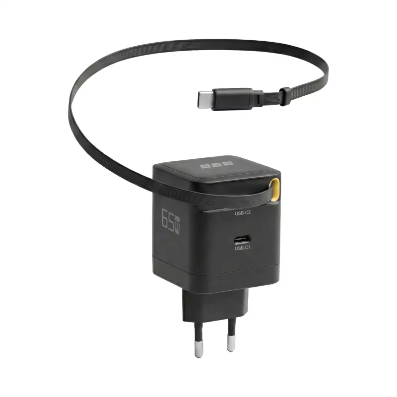 EFB Elektronik G652CE caricabatterie da parete GaN USB-C PD 3.0 65W con cavo retrattile, nero