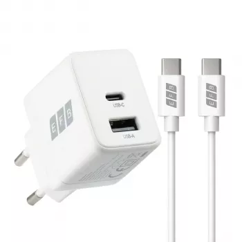 EFB Elektronik G201A1CE set caricabatterie da parete GaN 20W USB-C PD3.0 + USB-A QC3.0 con cavo USB-C 2m, bianco