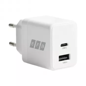 EFB Elektronik G201A1CE set caricabatterie da parete GaN 20W USB-C PD3.0 + USB-A QC3.0 con cavo USB-C 2m, bianco