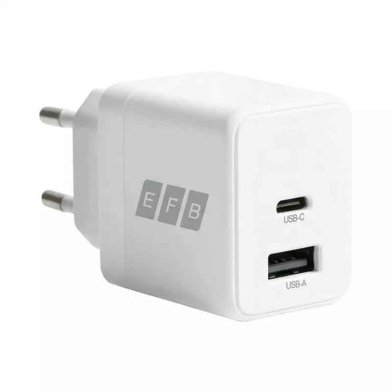 EFB Elektronik G201A1CE set caricabatterie da parete GaN 20W USB-C PD3.0 + USB-A QC3.0 con cavo USB-C 2m, bianco