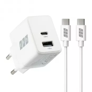 EFB Elektronik G301A1CE set caricabatterie da parete GaN 30W USB-C PD3.0 + USB-A QC3.0 con cavo USB-C 2m, bianco