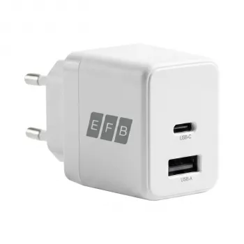 EFB Elektronik G301A1CE set caricabatterie da parete GaN 30W USB-C PD3.0 + USB-A QC3.0 con cavo USB-C 2m, bianco