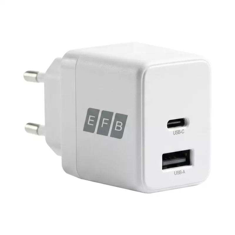 EFB Elektronik G301A1CE set caricabatterie da parete GaN 30W USB-C PD3.0 + USB-A QC3.0 con cavo USB-C 2m, bianco