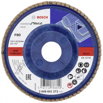 Bosch X431 disco lamellare standard per metallo, 115 mm, corindone zirconio, grana P60, foro 22,23 mm 2608601272