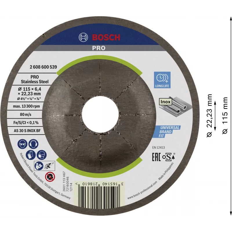Bosch 2608600539 Disco abrasivo a centro depresso 115 x 22,23 mm, 1 pezzo