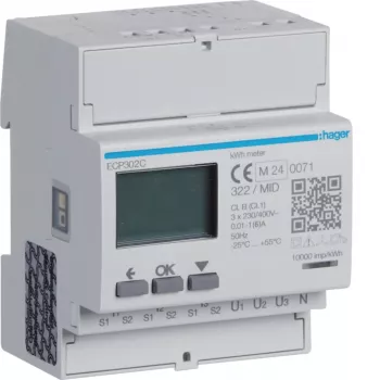 Hager ECP302C Contatore di energia trifase per trasformatori di corrente 1A o 5A, guida DIN 4 moduli, uscita a impulsi S0
