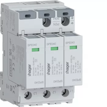 Hager SPE340 scaricatore di sovratensione Tipo 2, 3 poli, TNS/TT, 275V, 20kA, 40kA Imax