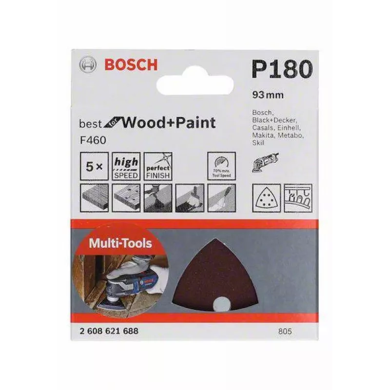 Bosch 2608621688 carta abrasiva delta grana 180, 93 mm, 5 pezzi