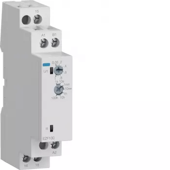 Hager EZF100 relè multifunzione temporizzato, 230V AC, 8 funzioni, 0,1s-10h, 1 contatto CO, guida DIN