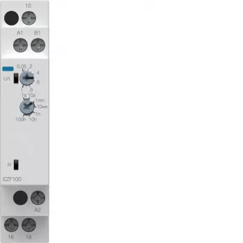 Hager EZF100 relè multifunzione temporizzato, 230V AC, 8 funzioni, 0,1s-10h, 1 contatto CO, guida DIN