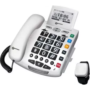 Geemarc confezione SERENTIES telefono da tavolo per anziani con rilevamento cadute, display retroilluminato, bianco