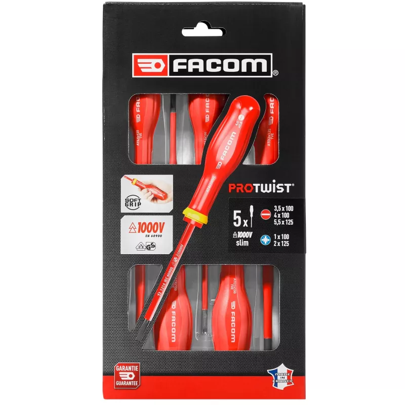 Facom ATD.J5TVEPB Protwist set di 5 cacciaviti da elettricista isolati VDE 1000V