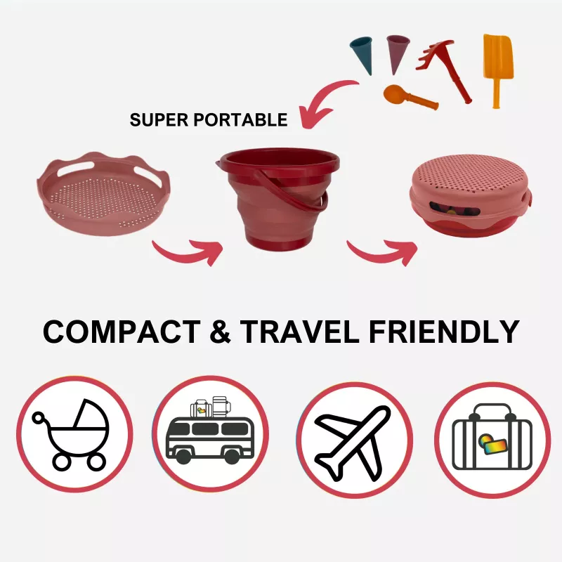 SCHILDKRÖT set giocattolo per sabbia 7 in 1 con secchiello pieghevole, rosso 970245