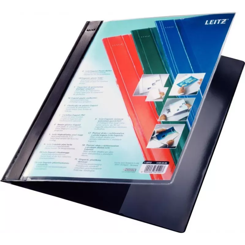 LEITZ Exquisit Cartella per presentazioni con tasca frontale, A4 sovradimensionato, PVC rigido, nero, coperchio trasparente 4193-00-95