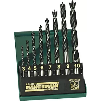 Brüder Mannesmann M54308 Set 8 pezzi punte per legno, 3–10 mm, punta di centraggio, acciaio al carbonio, valigetta in plastica