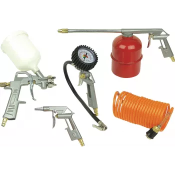 Brüder Mannesmann set di accessori per aria compressa da 5 pezzi 1527 | gonfiatore pneumatici, pistola soffiante, pistola a spruzzo per vernici, pistola per olio, tubo a spirale 4m