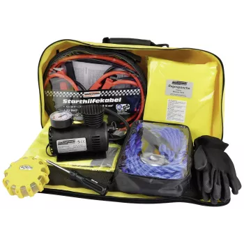 BRÜDER MANNESMANN Kit di emergenza e soccorso auto con triangolo di segnalazione, gilet ad alta visibilità, kit di primo soccorso, corda di traino, cavi di avviamento, guanti da lavoro in borsa in nylon giallo neon (M01782)