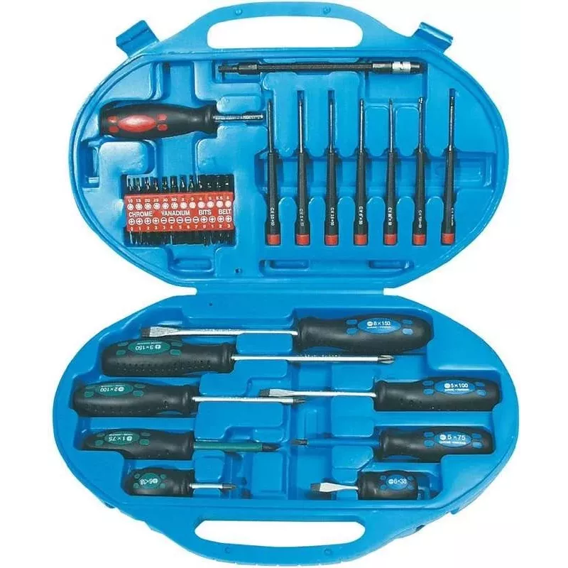 Brüder Mannesmann 11242 set 42 cacciaviti con bit a taglio, Phillips, Pozidriv, Torx, brugola e supporto da parete