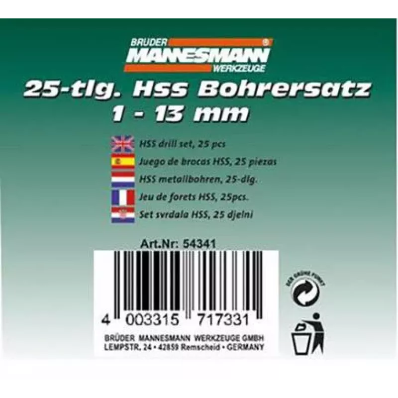 Brüder Mannesmann M54341 set 25 punte elicoidali HSS, 1-13 mm in valigetta in metallo